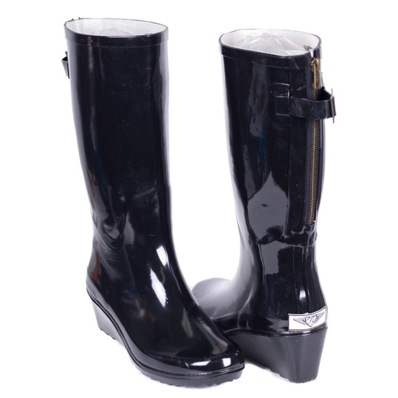 Womens Rubber Rain Boots, Wedge Rainboots, Black, NEW - Picture 4 of 4
